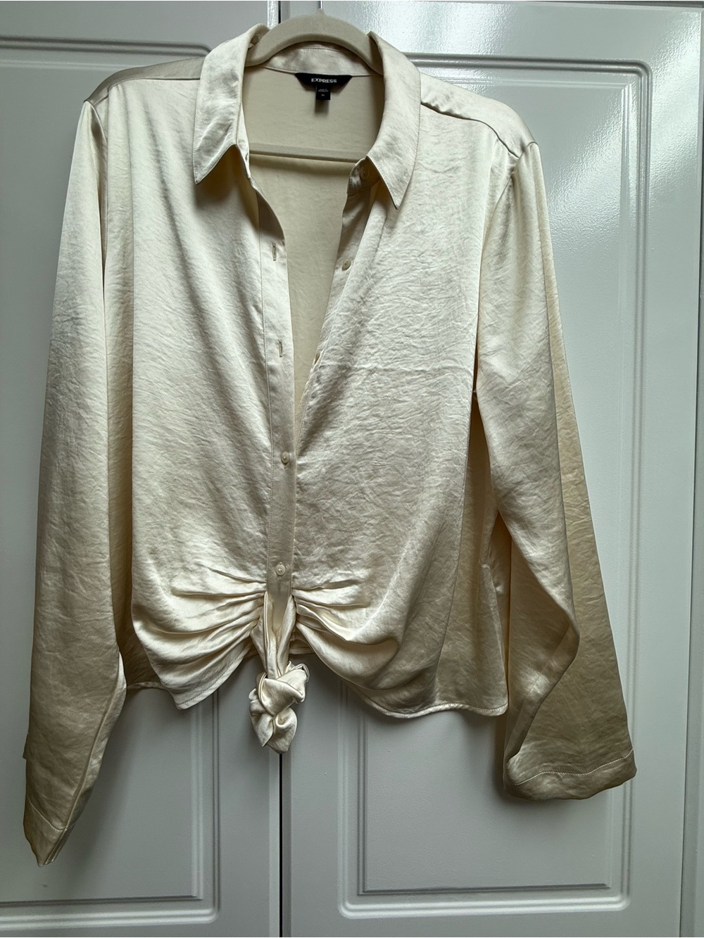 Express Cream Tie-Front Satin Button-Down Shirt